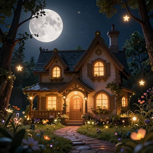 Whimsical, illuminated cottage under a full moon, surrounded by glowing stars, colorful flowers, and a stone pathway, in a magical forest. Digital