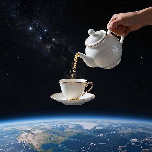 Photograph of a hand pouring golden tea from a white teapot into a white teacup on a saucer above Earth, set against a star