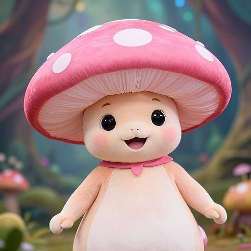 Cute cartoon mushroom character with a pink polka-dotted cap, pink necktie, and white body, smiling in a whimsical forest. Digital