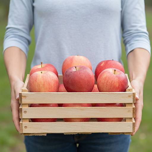 Photograph of a person with light skin, wearing a gray long-sleeve shirt, holding a wooden crate of six red apples.