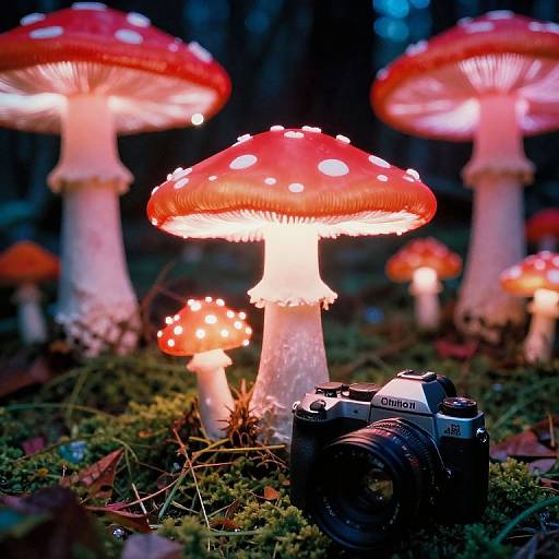 Photograph of glowing red and white-spotted mushrooms, a Canon camera on mossy forest ground, with blurred background mushrooms.