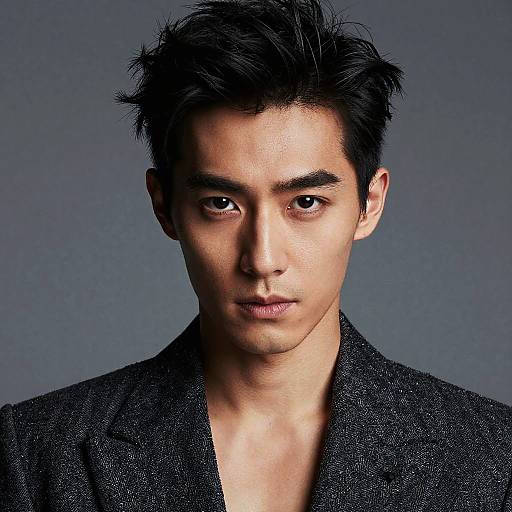 Photograph of an East Asian man with short, spiky black hair, intense expression, and dark, textured suit against a gray background.