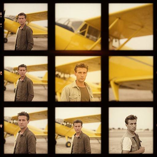 Photograph collage of six frames showing a young man with short dark hair, wearing a brown jacket, standing in front of a yellow vintage airplane on an