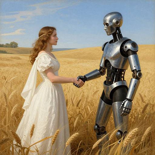 Photograph of a woman in a white dress holding hands with a silver robot in a golden wheat field under a blue sky.