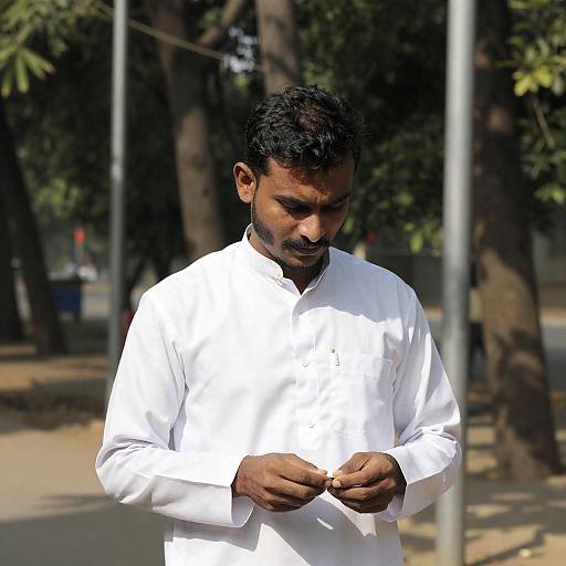 Sunlit Man in White Traditional Shirt