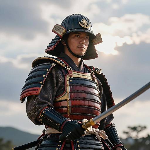 Samurai in Traditional Armor Holding Sword