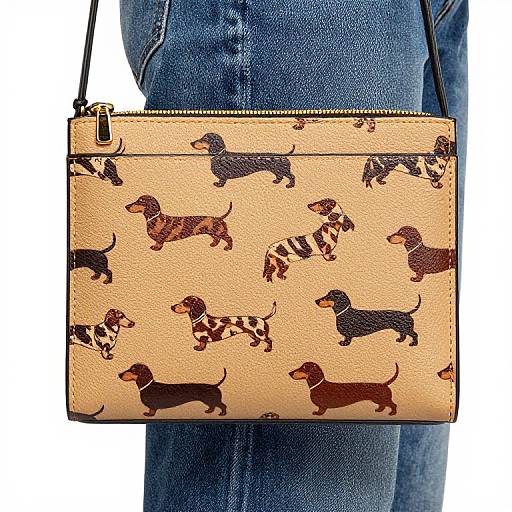 Photograph of a tan leather purse adorned with black and brown dachshund prints, worn over blue denim jeans.