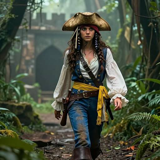 Photograph of a young woman as a pirate in a lush jungle, wearing a gold tricorn hat, white shirt, blue vest, yellow sash