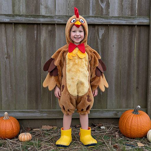 Photograph of a smiling young child in a brown turkey costume with yellow boots, standing in front of a wooden fence, surrounded by pumpkins.