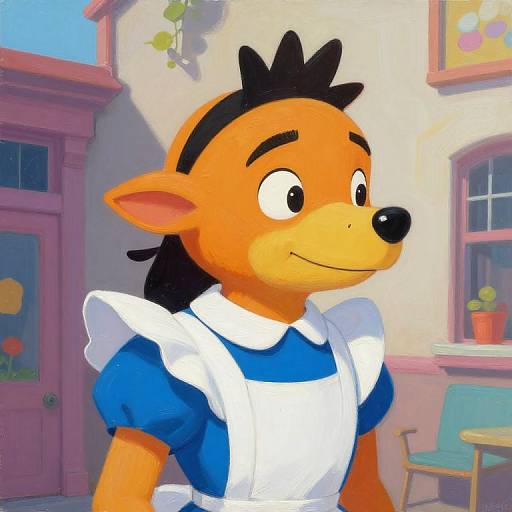 Digital cartoon of a cheerful anthropomorphic orange deer with black hair, wearing a blue and white maid uniform, standing outside a pastel-colored building with a