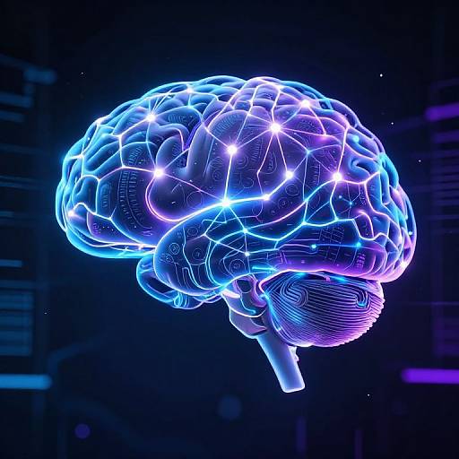 Digital CGI of a glowing, neon blue and purple brain against a dark, cyberpunk background, featuring intricate wireframe details and bright, luminescent