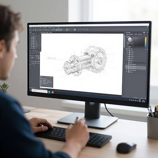 Photograph of a man with short brown hair using a black desktop computer to create a white line drawing on a screen. Bright background, wooden desk,