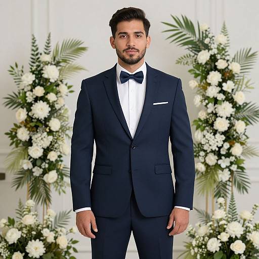 Photograph of a handsome man with short dark hair and beard, wearing a black tuxedo with a white shirt and black bow tie, standing in