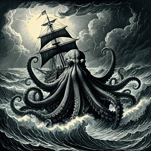 Giant Octopus Attacking Ship in Stormy Sea