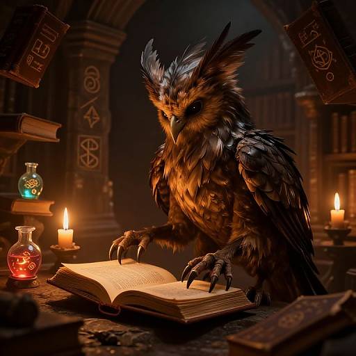 CGI fantasy image of a detailed, feathered owl with intense eyes, reading a glowing book in a dimly lit, candlelit library.