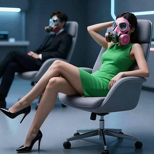 Futuristic Woman in Green with Pink Gas Mask