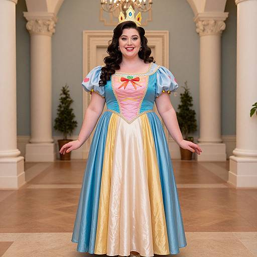 Photorealistic CGI of a curvy woman with fair skin, black curly hair, wearing a blue and gold Snow White-style gown with red bow,