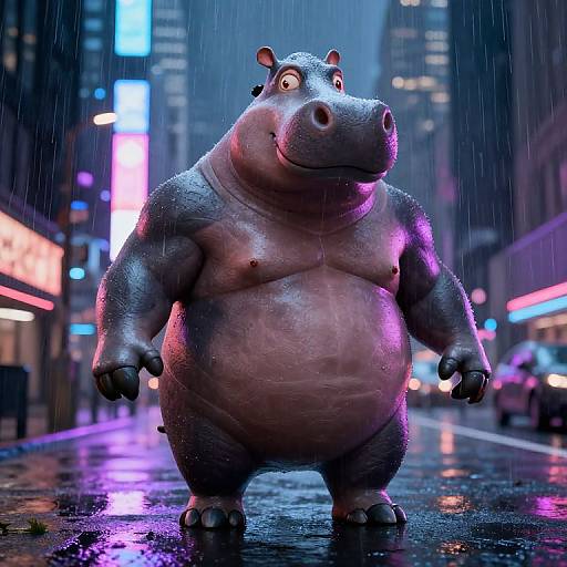 Muscular Hippo Marvel Hero in Neon Rainy City