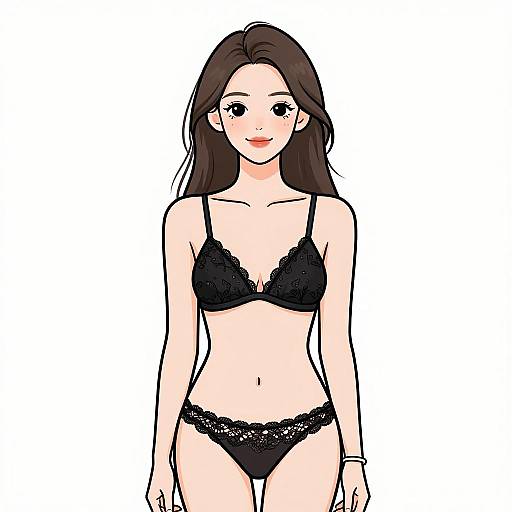 Digital illustration of an attractive Asian woman with long black hair, wearing black lace bra and panties, standing against a white background.