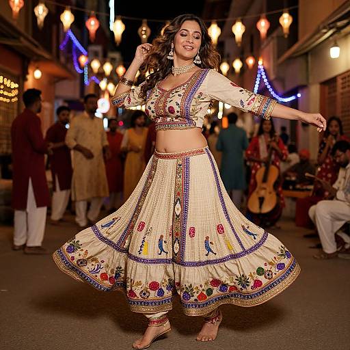 Photograph of a smiling South Asian woman in a traditional embroidered white ensemble, dancing at a lively evening street festival with colorful lights and festive crowd in the