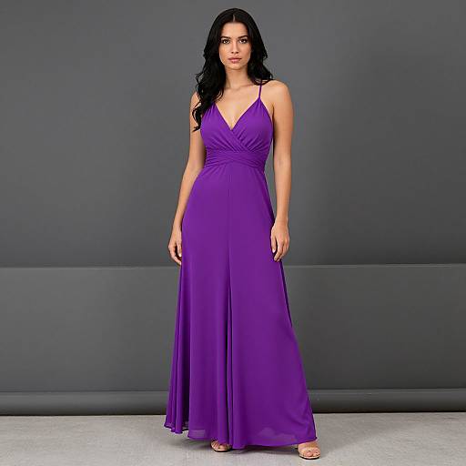 Photograph of a woman with long black hair, wearing a deep purple, floor-length, V-neck dress, standing against a gray background.