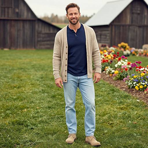 Photograph of a bearded man with short brown hair, wearing a beige cardigan, navy polo, light blue jeans, and tan boots, standing