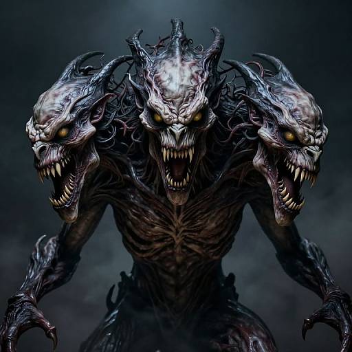 Digital artwork of a terrifying, three-headed monster with glowing yellow eyes, sharp teeth, and dark, twisted horns against a dark, foggy background.