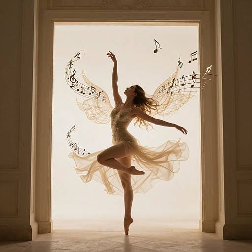 Silhouetted ballerina with ethereal wings and musical notes dancing gracefully in front of a bright, glowing doorway. Photographic image.