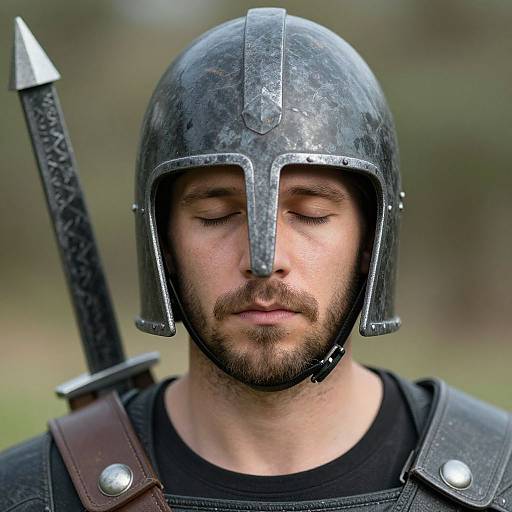 Photograph of a bearded man with closed eyes, wearing a medieval steel helmet and leather armor, with a sword sheathed behind his neck, against