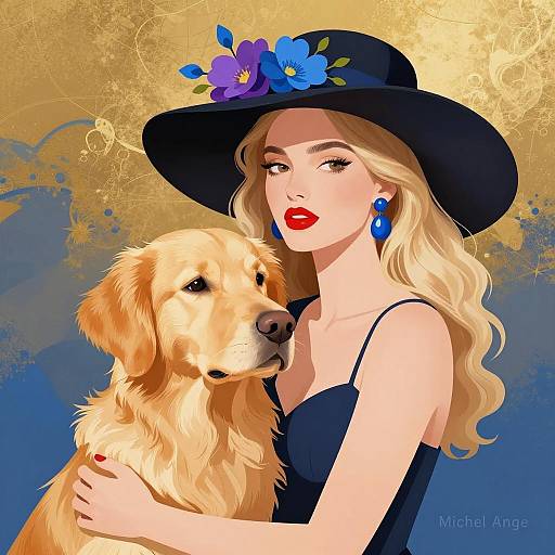 Elegant Woman with Golden Retriever Illustration