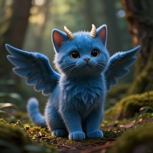 Digital artwork of a blue, fluffy kitten with small horns and wings standing in a sunlit forest, with moss-covered ground and blurred tree trunks in