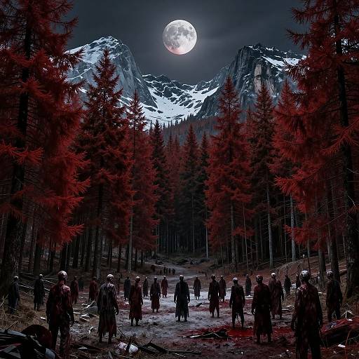 Photograph of a dark forest with red-tinged trees, full moon over snow-capped mountains, and a group of silhouetted people