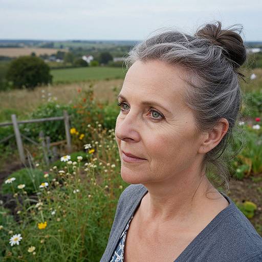 Photograph of a middle-aged woman with gray hair in a bun, wearing a gray top, standing in a colorful, blooming garden.