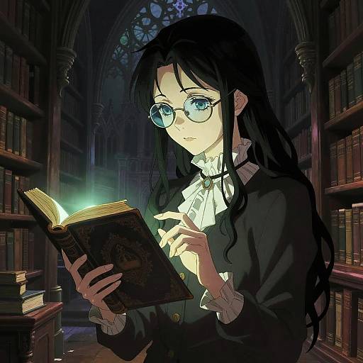 Digital anime-style drawing of a black-haired woman with glasses in a dark Gothic library, holding an enchanted glowing book.