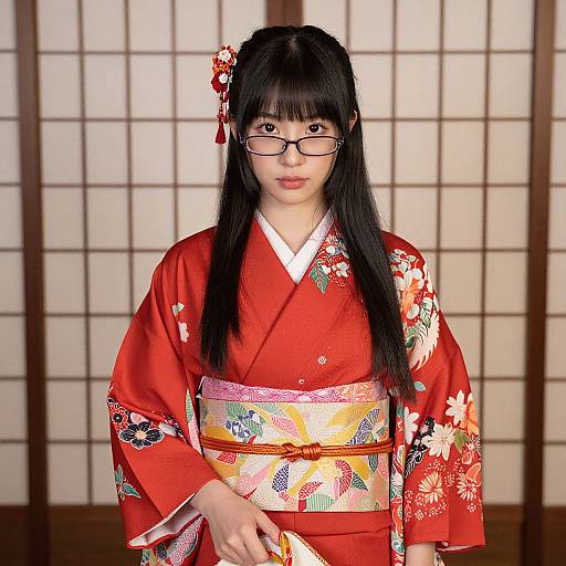 Photograph of an Asian woman with long black hair, glasses, wearing a red floral kimono, white obi, and red hairpin, standing
