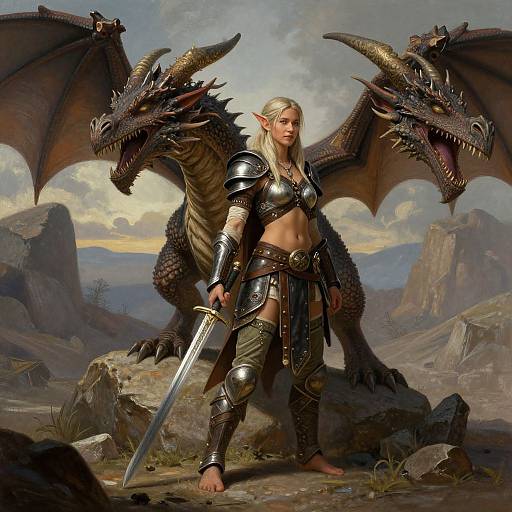Digital fantasy artwork of a blonde, armored elf with pointed ears, standing confidently with a sword, flanked by two black dragons in a rocky, mountain
