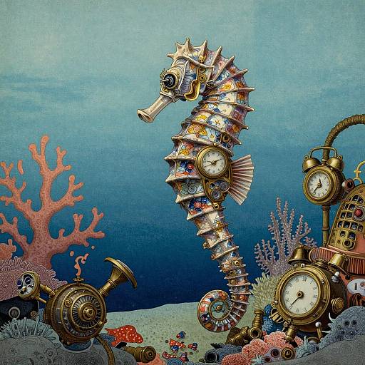 Steampunk seahorse clock adorned with gears and clocks, surrounded by coral, underwater marine life, and vintage machinery in vibrant, detailed illustration.