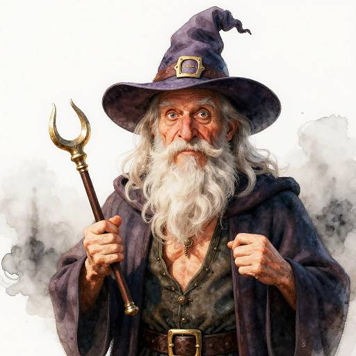Digital painting of a startled, elderly wizard with white beard, purple hat, and dark cloak, holding a golden trident, against a misty white