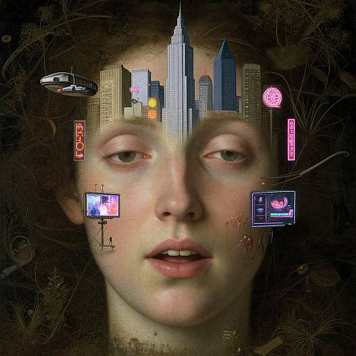 Digital art: Close-up of a pale-skinned woman's face with a futuristic cityscape, UFO, neon signs, and screens embedded on her forehead