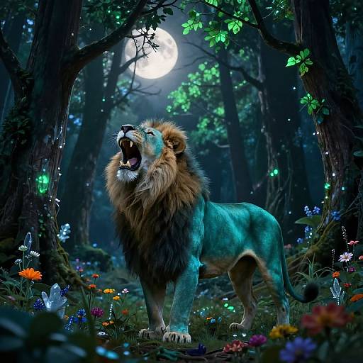 Fantastical digital painting of a glowing blue lion roaring under a full moon in a magical forest filled with glowing flowers and bioluminescent trees.