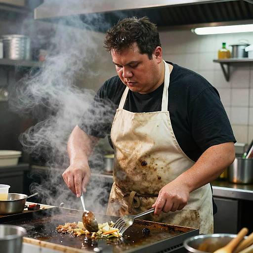 Photograph of a focused male chef in a black shirt and white apron, smoking meat with tongs in a bustling kitchen.