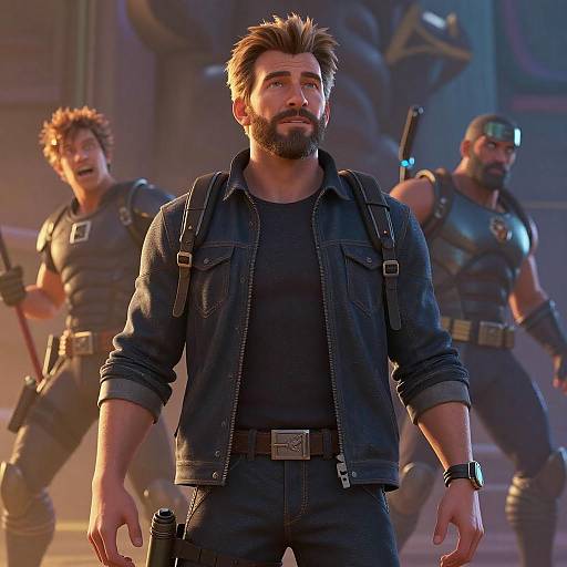 CGI image of a bearded man in a denim jacket and black shirt, flanked by two muscular, armed men in tactical gear. Dramatic