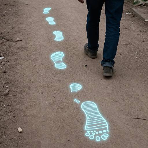 Photograph of a person's lower legs in blue jeans and black shoes walking on a dirt path with glowing blue footprints.
