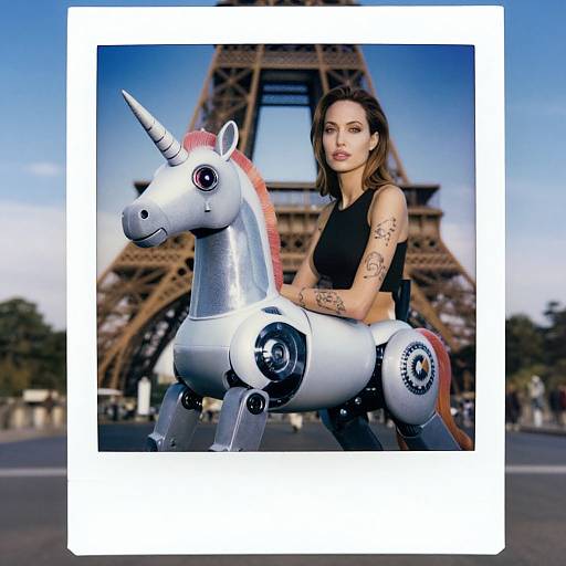 Photograph of a tattooed woman in a black crop top, standing beside a metallic unicorn robot, with the Eiffel Tower in the background.