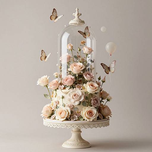 Photograph of a vintage-style floral arrangement with pink roses, butterflies, and a white balloon, enclosed in a clear glass dome on an ornate white