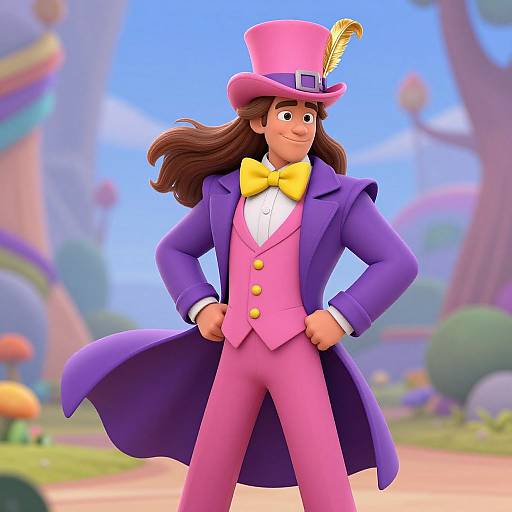CGI image of a confident cartoon character with long brown hair, wearing a pink top hat with a yellow feather, purple coat, pink pants, and