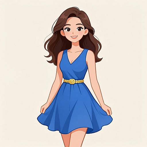 Digital illustration of a smiling young woman with long brown hair, wearing a sleeveless blue dress and yellow belt, standing against a white background.