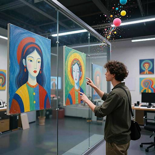 Artist with curly hair in green shirt points at vibrant, colorful portrait paintings displayed in glass cases in modern gallery.