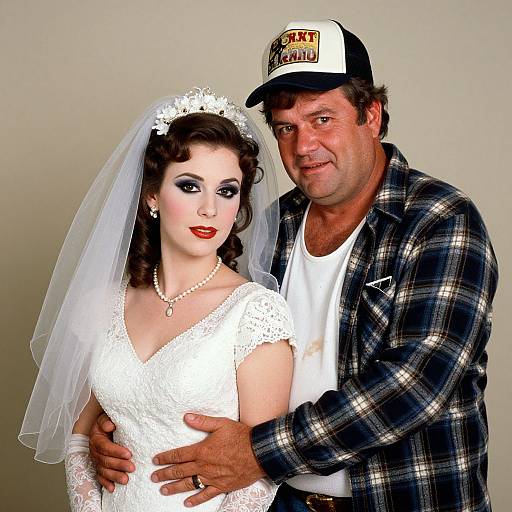 Photograph of a fair-skinned bride with red lipstick, white lace dress, and veil, and a middle-aged man in a plaid shirt and