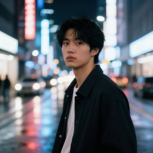 Photograph of an Asian man with short black hair, wearing a black shirt over a white t-shirt, standing on a rainy city street at night,